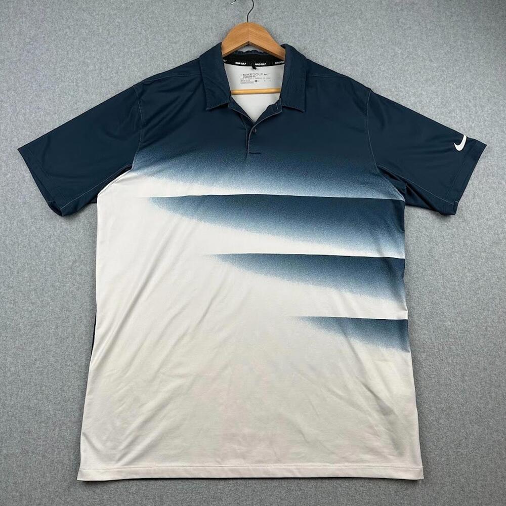 Nike Golf Polo Dri Fit Standard Men's Large Blue White Pullover Collard Striped